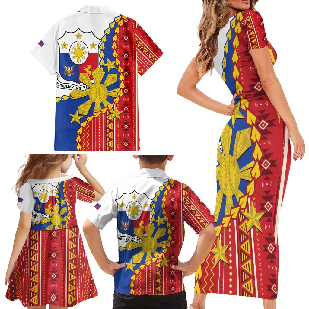 Philippines Independence Day Family Matching Short Sleeve Bodycon Dress and Hawaiian Shirt Pilipinas Sun Stars Igorot Pattern