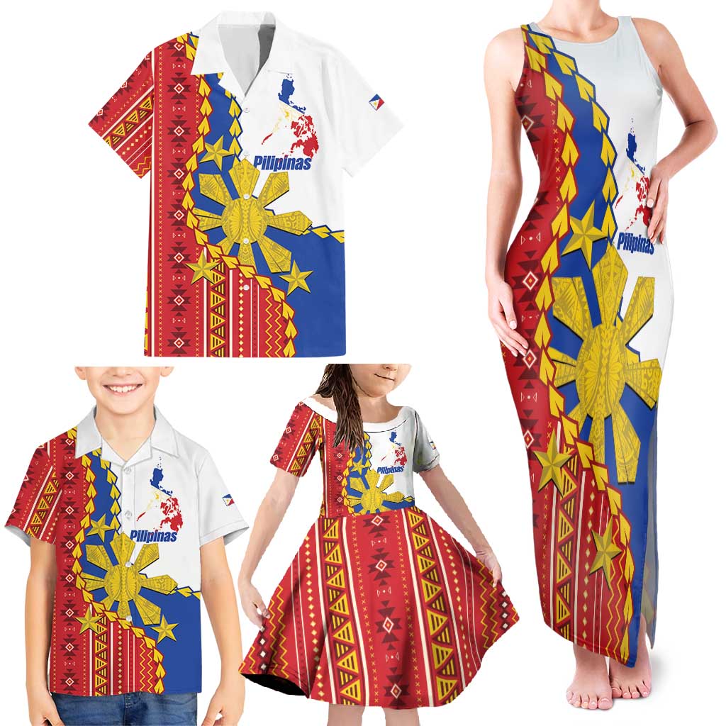 Philippines Independence Day Family Matching Tank Maxi Dress and Hawaiian Shirt Pilipinas Sun Stars Igorot Pattern