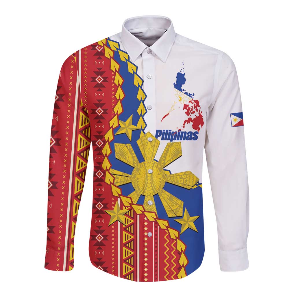 Philippines Independence Day Long Sleeve Button Shirt Pilipinas Sun Stars Igorot Pattern LT14 Unisex Red - Polynesian Pride