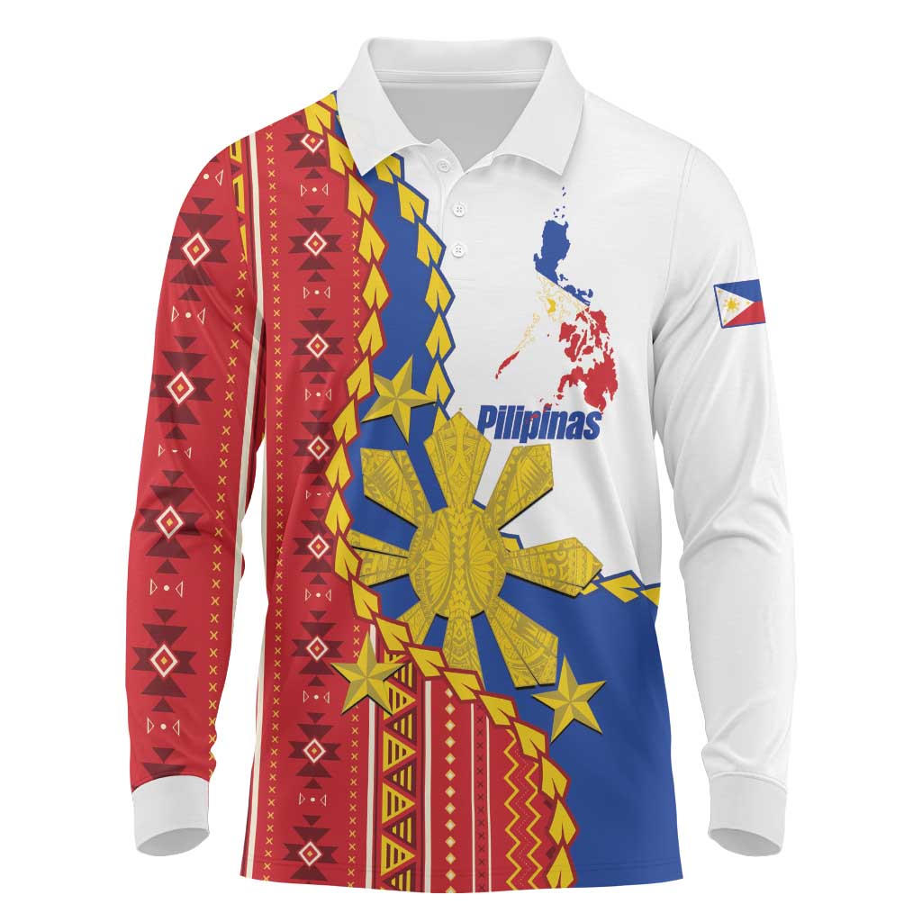 Philippines Independence Day Long Sleeve Polo Shirt Pilipinas Sun Stars Igorot Pattern LT14 Red - Polynesian Pride