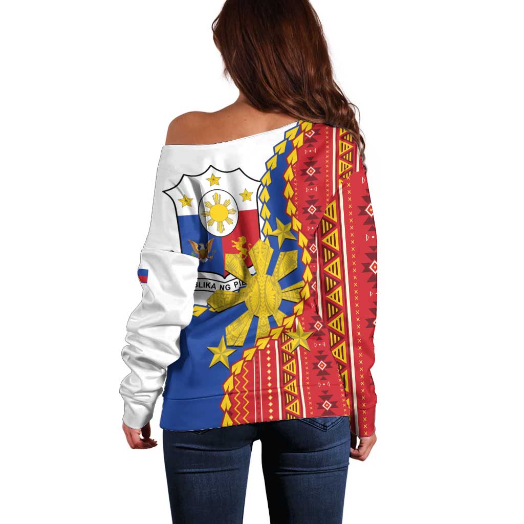 Philippines Independence Day Off Shoulder Sweater Pilipinas Sun Stars Igorot Pattern