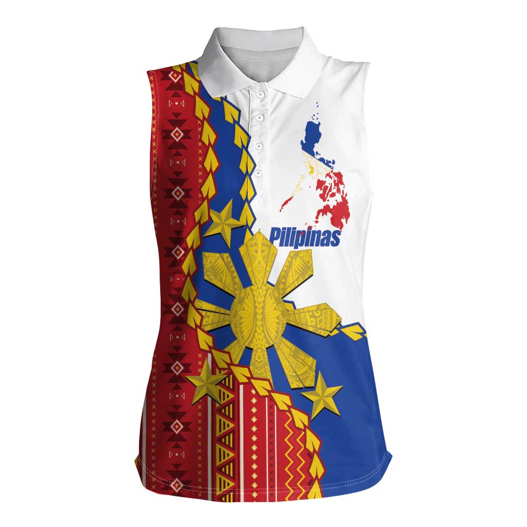 Philippines Independence Day Women Sleeveless Polo Shirt Pilipinas Sun Stars Igorot Pattern LT14 Female Red - Polynesian Pride