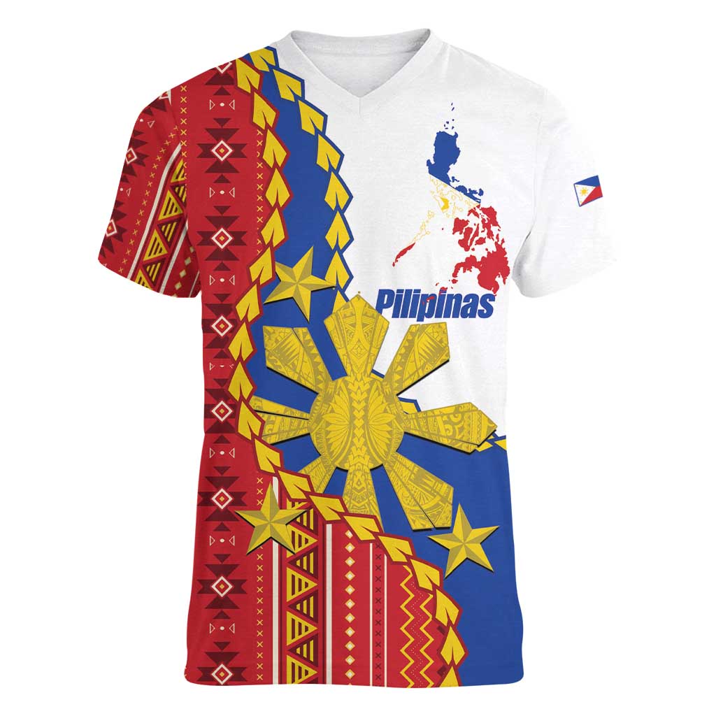 Philippines Independence Day Women V-Neck T-Shirt Pilipinas Sun Stars Igorot Pattern LT14 Female Red - Polynesian Pride