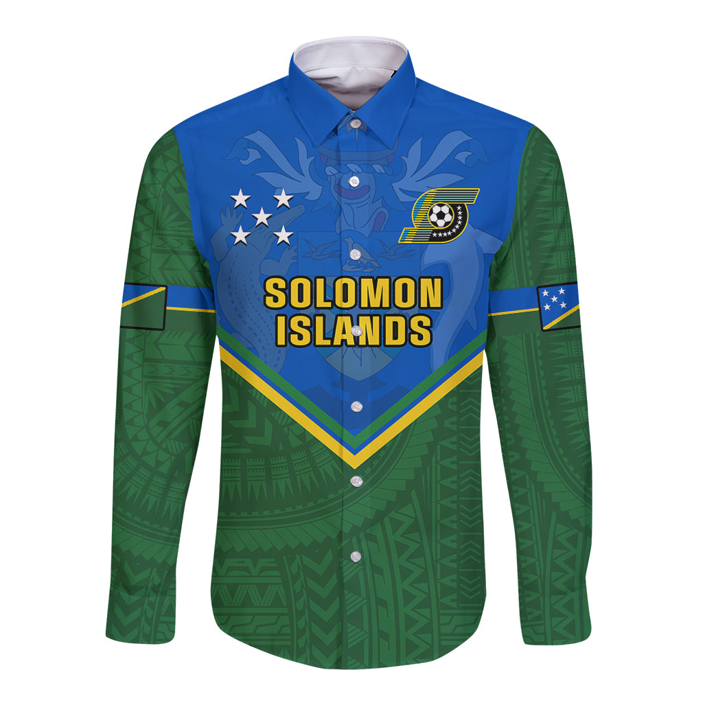 Personalised Solomon Islands Football Long Sleeve Button Shirt Polynesian Pattern Sporty Style LT14 Unisex Green - Polynesian Pride