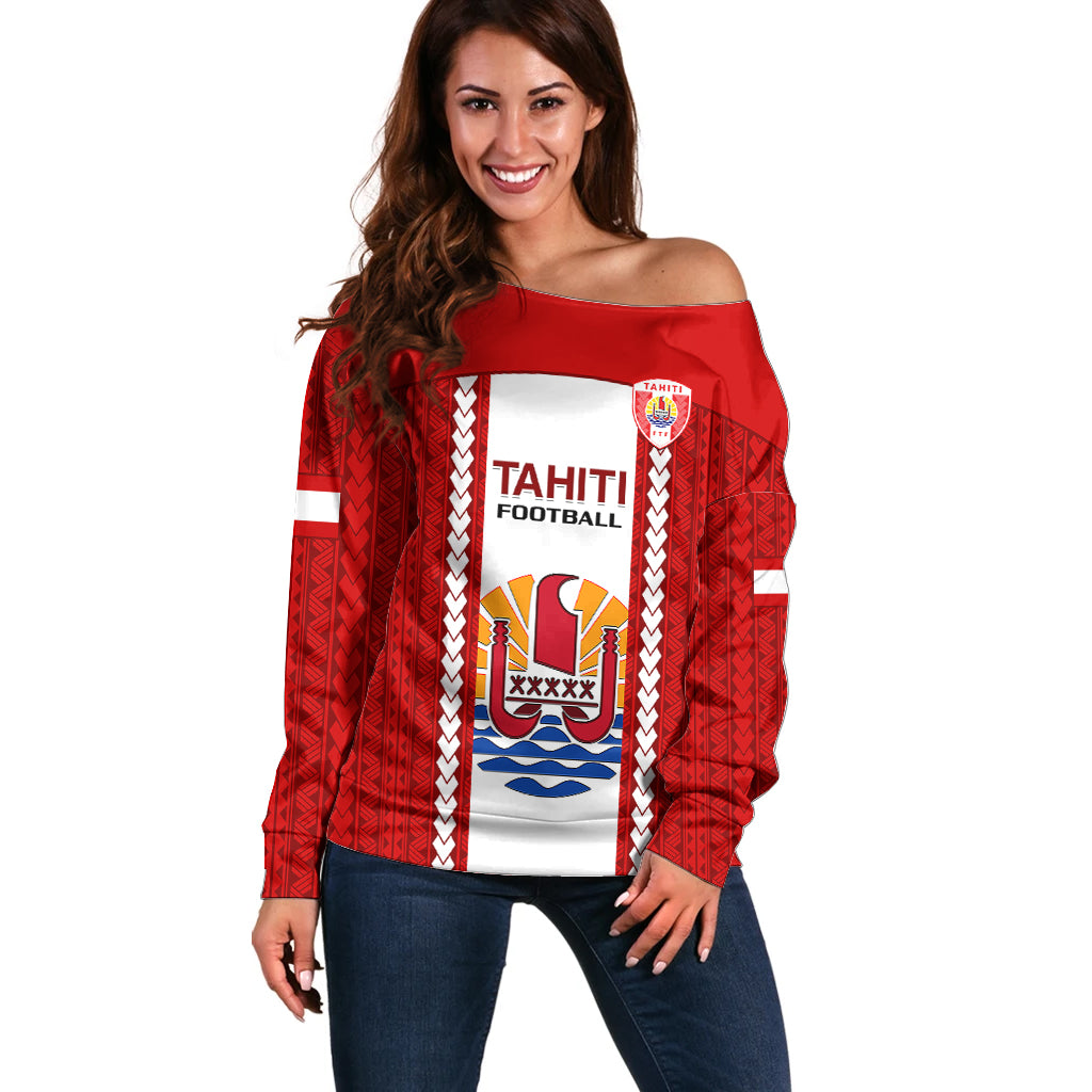 Personalised Tahitian Football Off Shoulder Sweater Tahiti Coat Of Arm Polynesian Sporty Style LT14 Women Red - Polynesian Pride