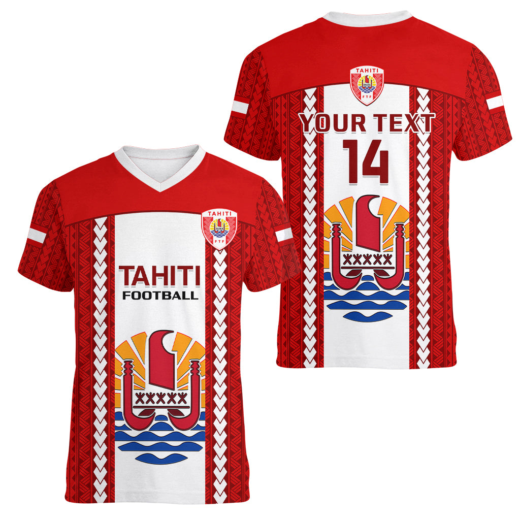 Personalised Tahitian Football Women V Neck T Shirt Tahiti Coat Of Arm Polynesian Sporty Style LT14 - Polynesian Pride