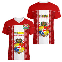 Tonga Football Women V Neck T Shirt Tongan Ngatu Pattern Sporty Style LT14 - Polynesian Pride