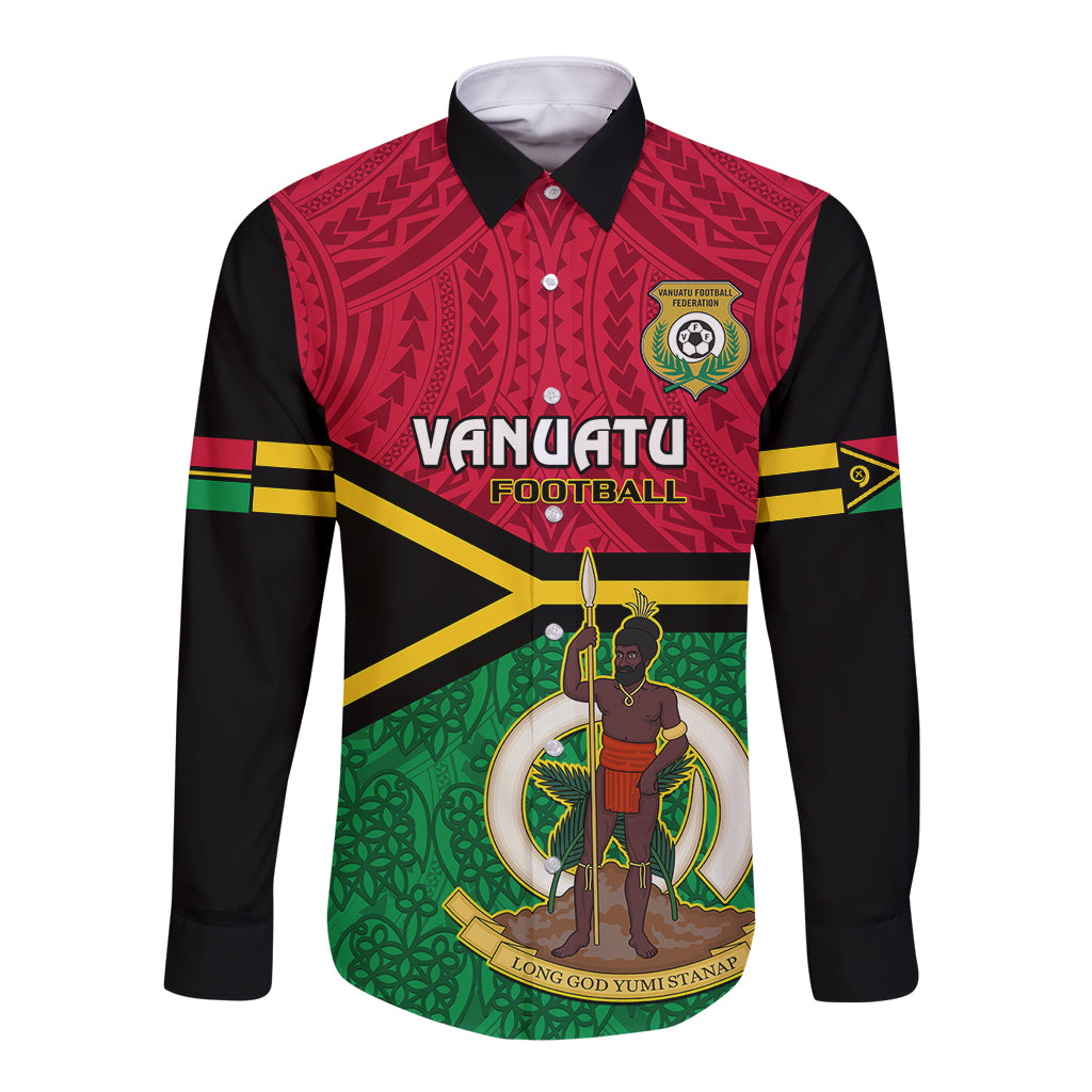 Vanuatu Football Long Sleeve Button Shirt Vanuatuan Coat Of Arm Polynesian Flag Style LT14 Unisex Red - Polynesian Pride