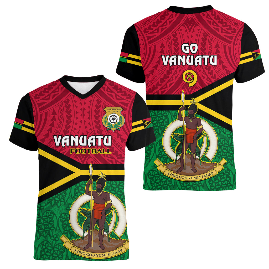 Vanuatu Football Women V Neck T Shirt Vanuatuan Coat Of Arm Polynesian Flag Style LT14 - Polynesian Pride
