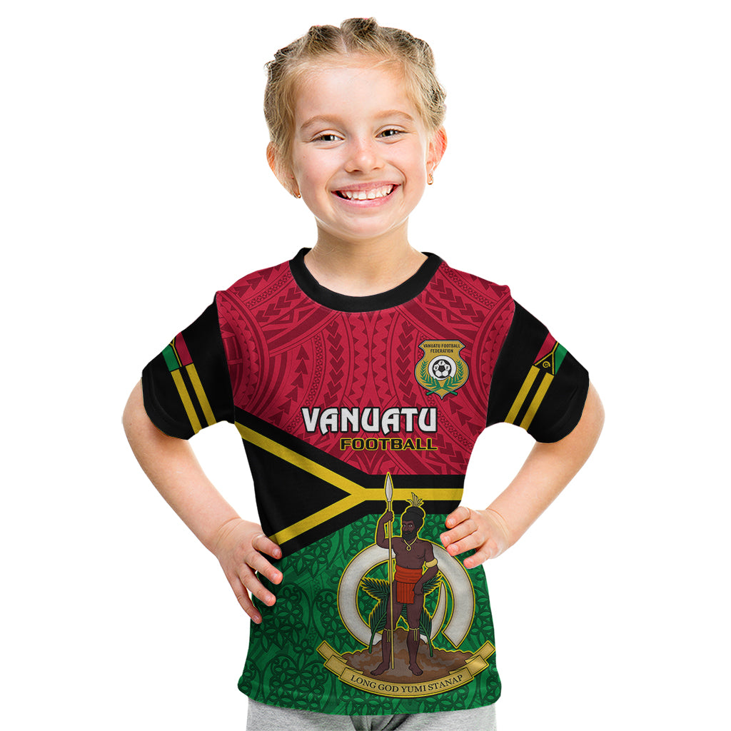 Personalised Vanuatu Football Kid T Shirt Vanuatuan Coat Of Arm Polynesian Flag Style LT14 Red - Polynesian Pride