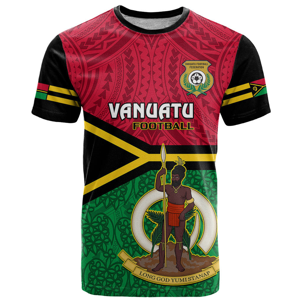 Custom Vanuatu Football T Shirt Vanuatuan Coat Of Arm Polynesian Flag Style LT14 Red - Polynesian Pride