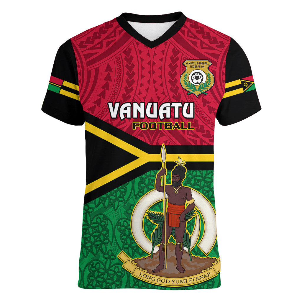 Personalised Vanuatu Football Women V Neck T Shirt Vanuatuan Coat Of Arm Polynesian Flag Style LT14 Female Red - Polynesian Pride