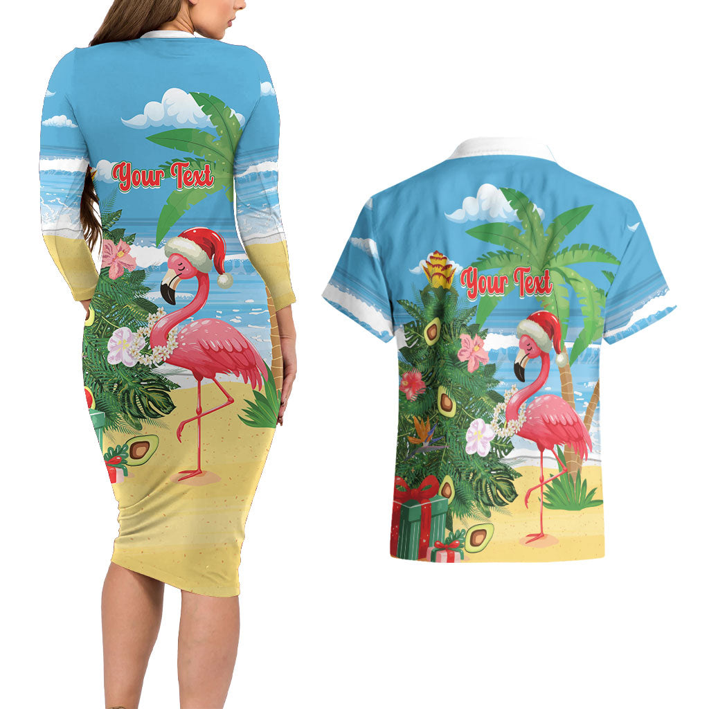 Flamingo Hawaii Summer Christmas Personalized Couples Matching Long Sleeve Bodycon Dress and Hawaiian Shirt Mele Kalikimaka Beachy Vibes