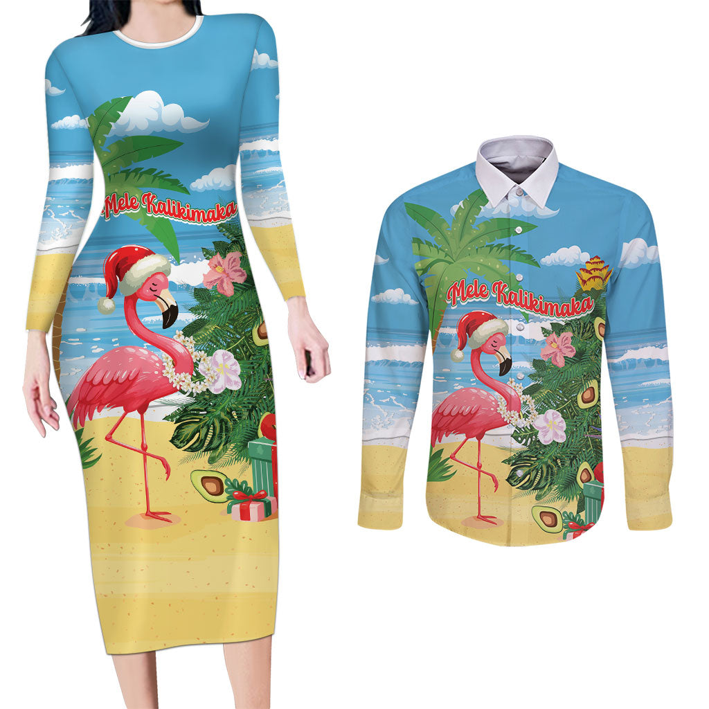 Flamingo Hawaii Summer Christmas Personalized Couples Matching Long Sleeve Bodycon Dress and Long Sleeve Button Shirt Mele Kalikimaka Beachy Vibes