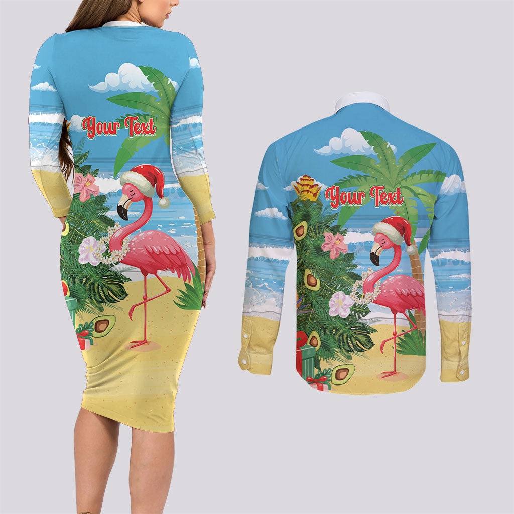Flamingo Hawaii Summer Christmas Personalized Couples Matching Long Sleeve Bodycon Dress and Long Sleeve Button Shirt Mele Kalikimaka Beachy Vibes