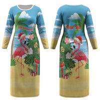 Flamingo Hawaii Summer Christmas Personalized Couples Matching Long Sleeve Bodycon Dress and Long Sleeve Button Shirt Mele Kalikimaka Beachy Vibes LT14 - Polynesian Pride