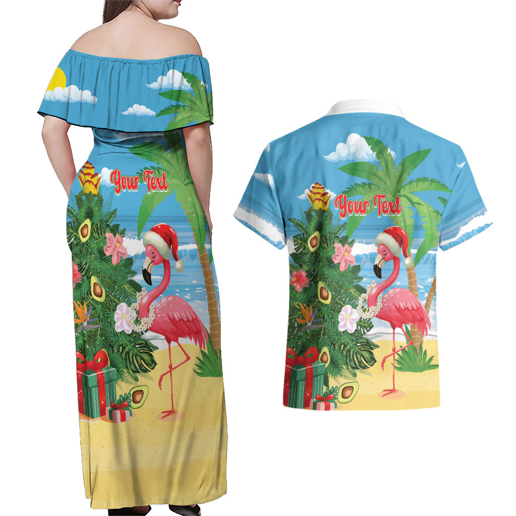 Flamingo Hawaii Summer Christmas Personalized Couples Matching Off Shoulder Maxi Dress and Hawaiian Shirt Mele Kalikimaka Beachy Vibes