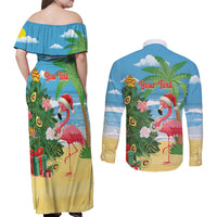 Flamingo Hawaii Summer Christmas Personalized Couples Matching Off Shoulder Maxi Dress and Long Sleeve Button Shirt Mele Kalikimaka Beachy Vibes