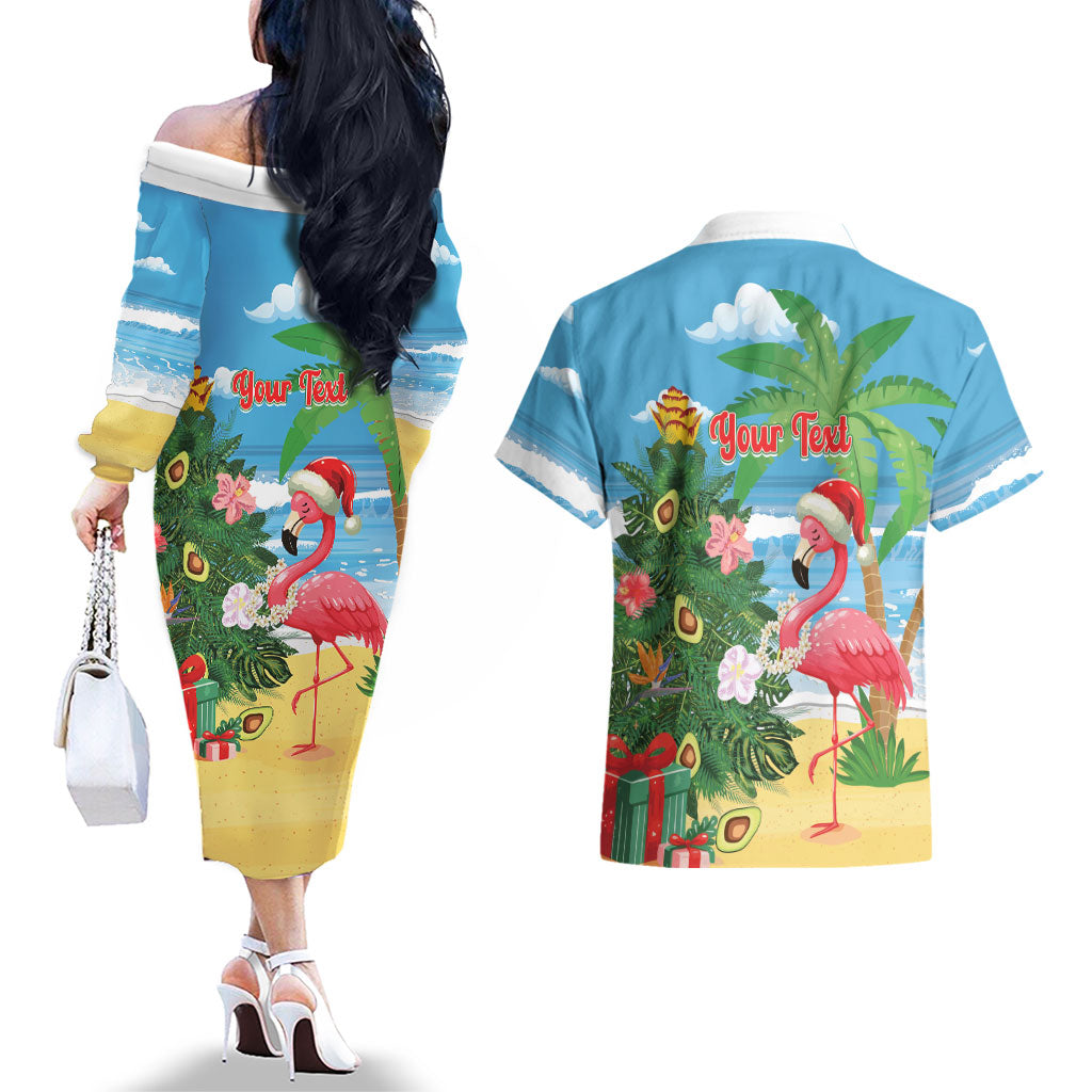 Flamingo Hawaii Summer Christmas Personalized Couples Matching Off The Shoulder Long Sleeve Dress and Hawaiian Shirt Mele Kalikimaka Beachy Vibes