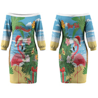 Flamingo Hawaii Summer Christmas Personalized Couples Matching Off The Shoulder Long Sleeve Dress and Long Sleeve Button Shirt Mele Kalikimaka Beachy Vibes LT14 - Polynesian Pride