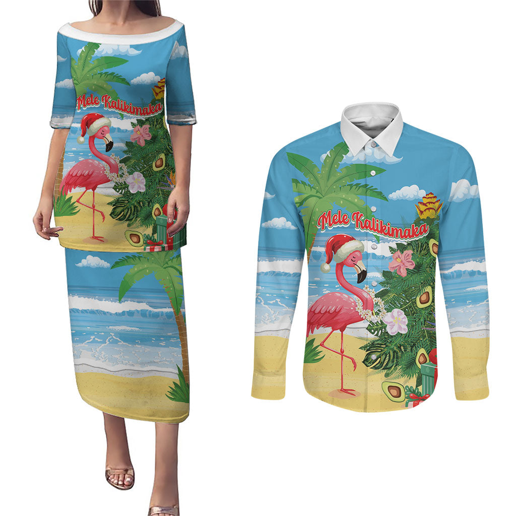Flamingo Hawaii Summer Christmas Personalized Couples Matching Puletasi and Long Sleeve Button Shirt Mele Kalikimaka Beachy Vibes LT14 Blue - Polynesian Pride