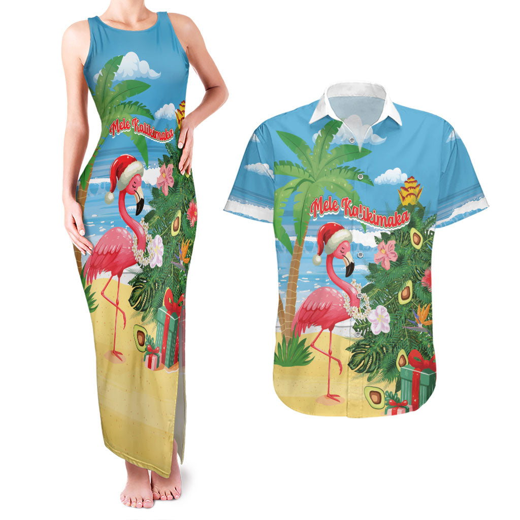 Flamingo Hawaii Summer Christmas Personalized Couples Matching Tank Maxi Dress and Hawaiian Shirt Mele Kalikimaka Beachy Vibes
