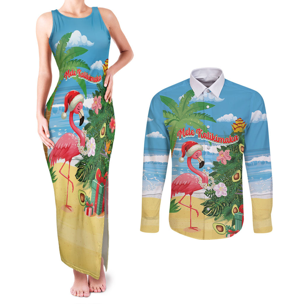 Flamingo Hawaii Summer Christmas Personalized Couples Matching Tank Maxi Dress and Long Sleeve Button Shirt Mele Kalikimaka Beachy Vibes LT14 Blue - Polynesian Pride