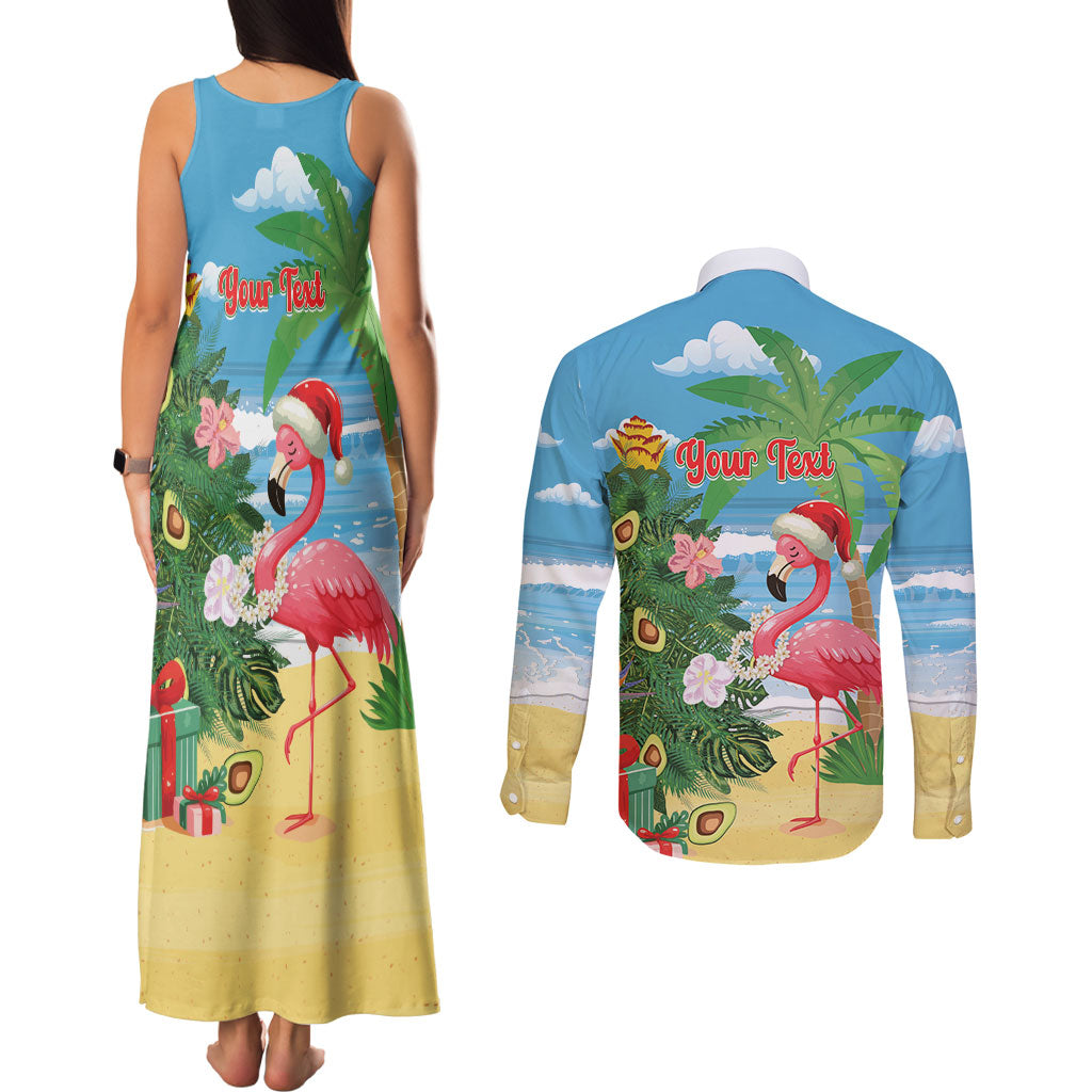 Flamingo Hawaii Summer Christmas Personalized Couples Matching Tank Maxi Dress and Long Sleeve Button Shirt Mele Kalikimaka Beachy Vibes
