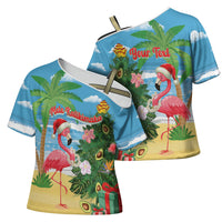 Flamingo Hawaii Summer Christmas Personalized Cross Shoulder Shirt Mele Kalikimaka Beachy Vibes