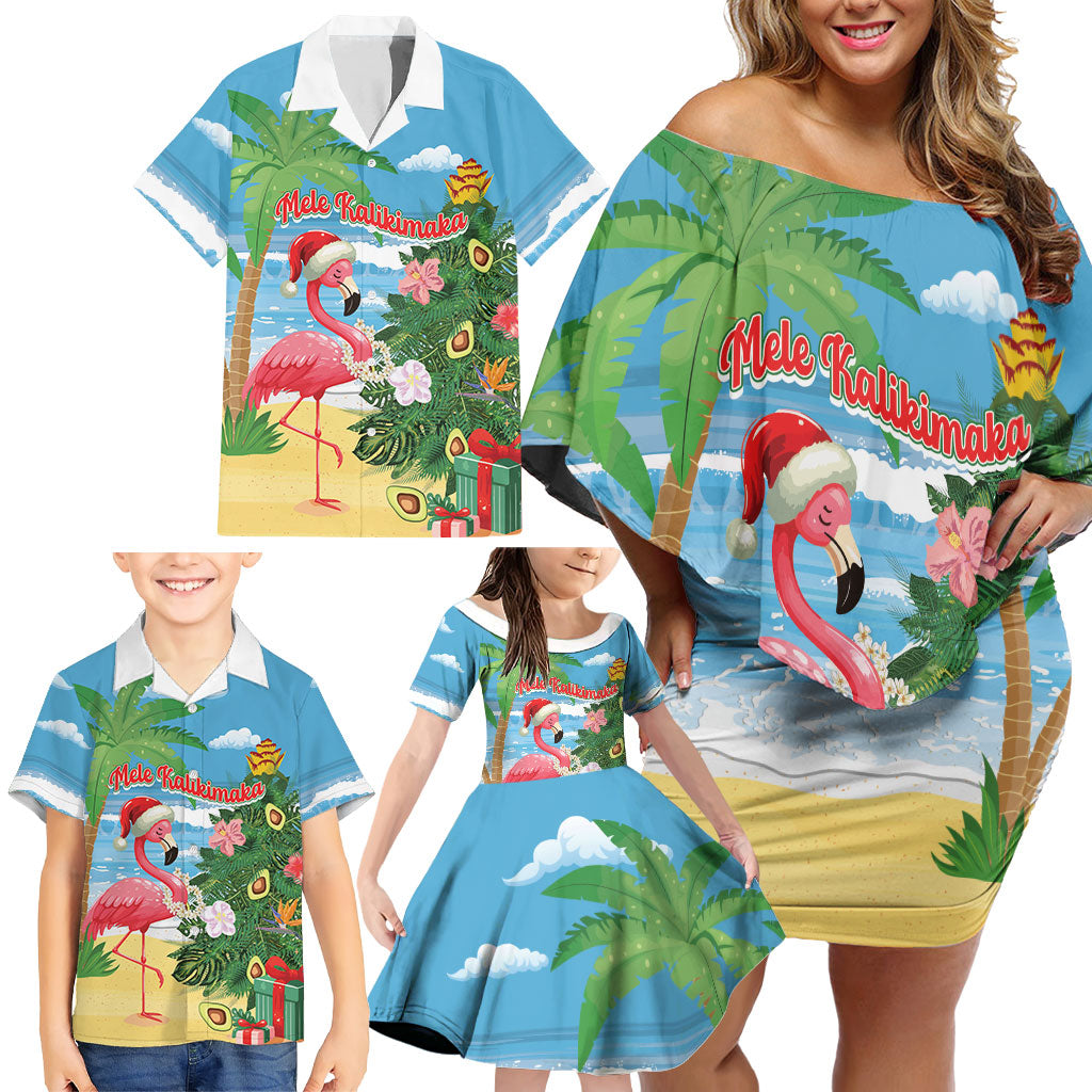 Flamingo Hawaii Summer Christmas Personalized Family Matching Off Shoulder Short Dress and Hawaiian Shirt Mele Kalikimaka Beachy Vibes