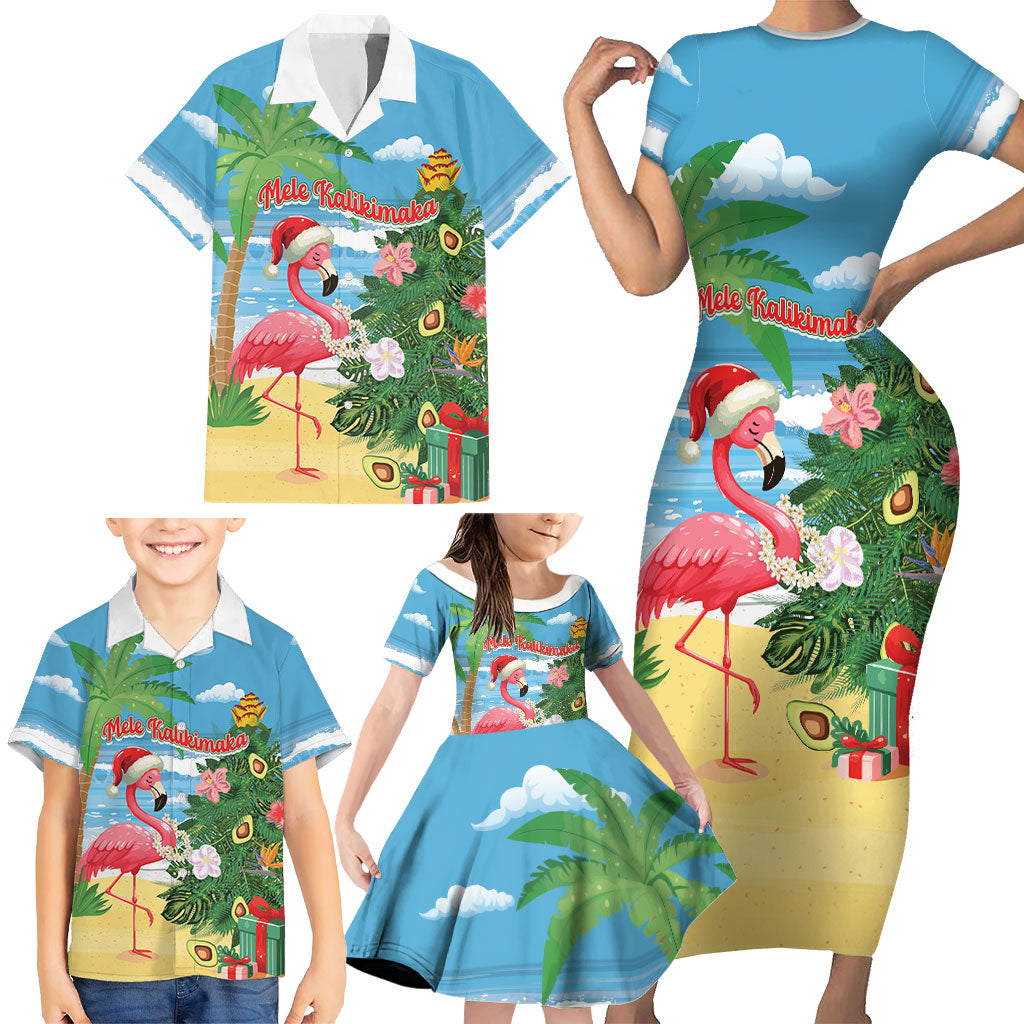 Flamingo Hawaii Summer Christmas Personalized Family Matching Short Sleeve Bodycon Dress and Hawaiian Shirt Mele Kalikimaka Beachy Vibes