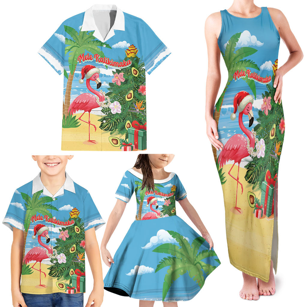 Flamingo Hawaii Summer Christmas Personalized Family Matching Tank Maxi Dress and Hawaiian Shirt Mele Kalikimaka Beachy Vibes
