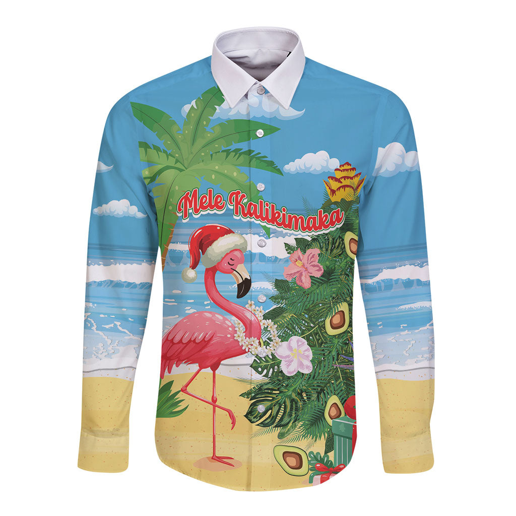 Flamingo Hawaii Summer Christmas Personalized Long Sleeve Button Shirt Mele Kalikimaka Beachy Vibes