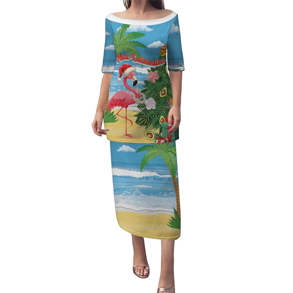 Flamingo Hawaii Summer Christmas Personalized Puletasi Mele Kalikimaka Beachy Vibes LT14 Long Dress Blue - Polynesian Pride