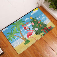 Flamingo Hawaii Summer Christmas Personalized Rubber Doormat Mele Kalikimaka Beachy Vibes