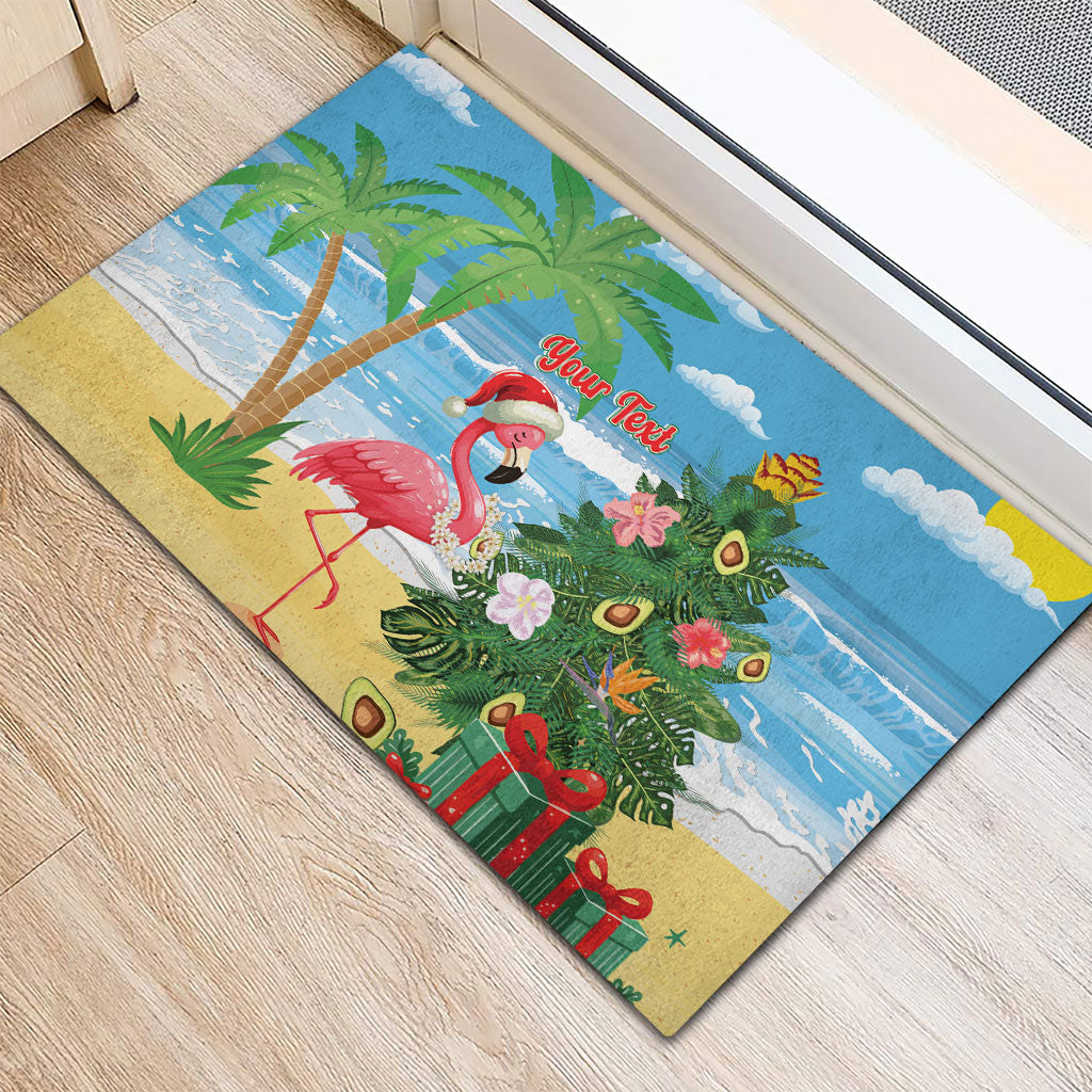 Flamingo Hawaii Summer Christmas Personalized Rubber Doormat Mele Kalikimaka Beachy Vibes
