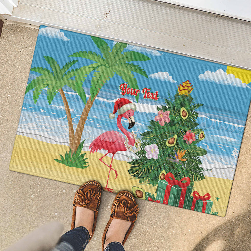Flamingo Hawaii Summer Christmas Personalized Rubber Doormat Mele Kalikimaka Beachy Vibes