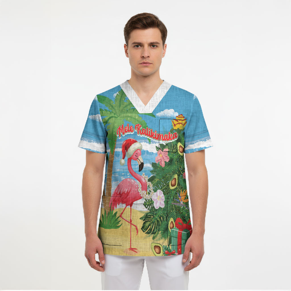 Flamingo Hawaii Summer Christmas Personalized Scrub Top Mele Kalikimaka Beachy Vibes
