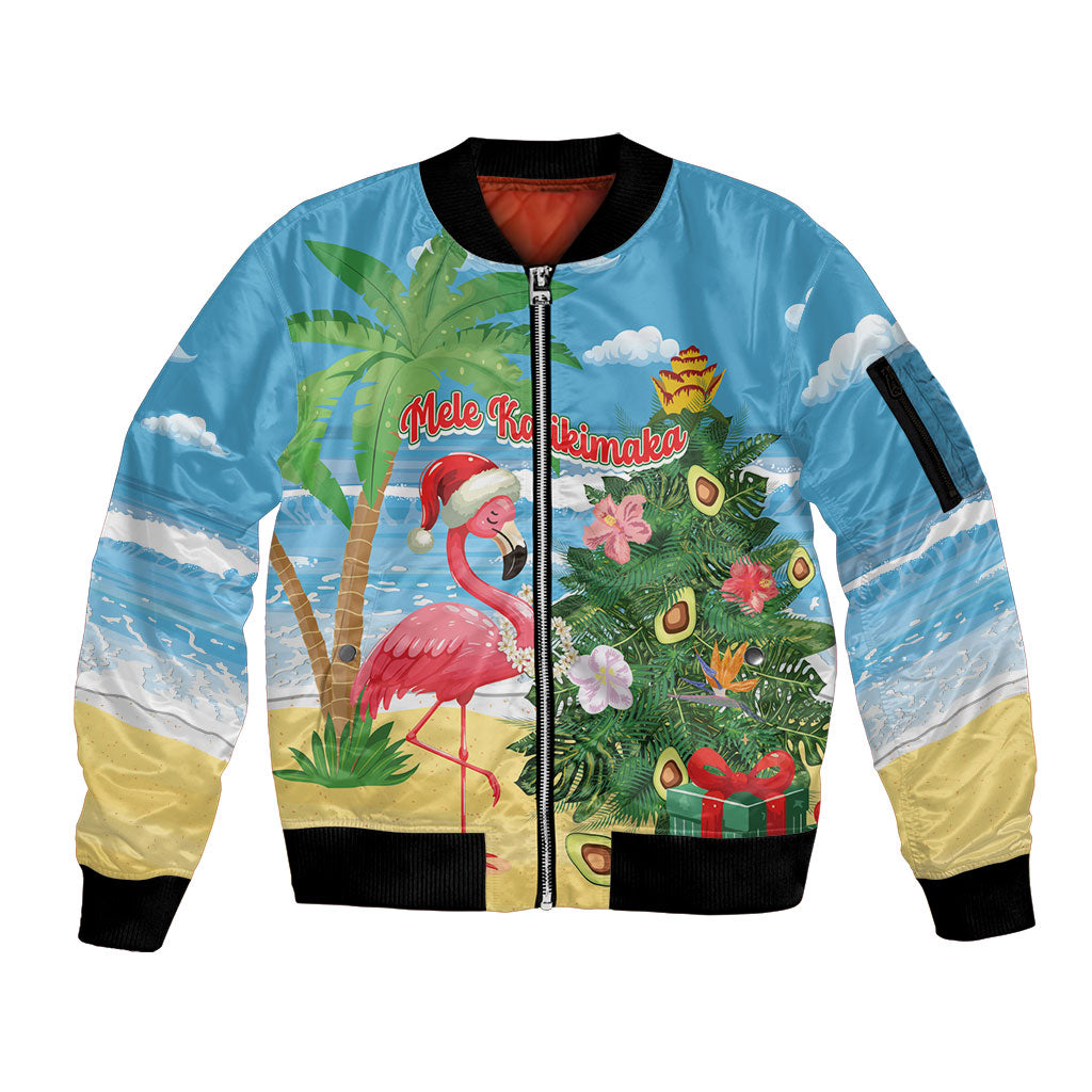 Flamingo Hawaii Summer Christmas Personalized Sleeve Zip Bomber Jacket Mele Kalikimaka Beachy Vibes LT14 Unisex Blue - Polynesian Pride