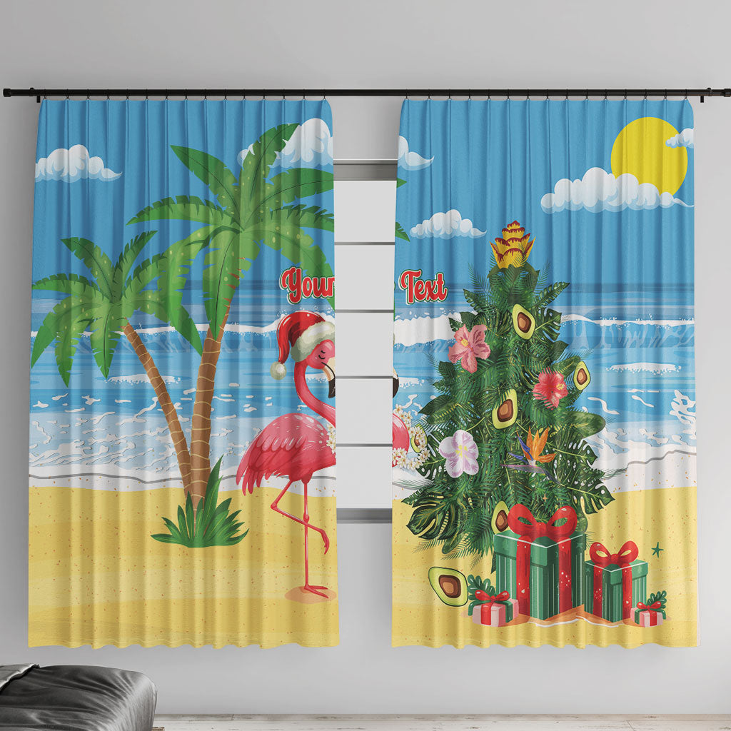 Flamingo Hawaii Summer Christmas Personalized Window Curtain Mele Kalikimaka Beachy Vibes LT14 With Hooks Blue - Polynesian Pride