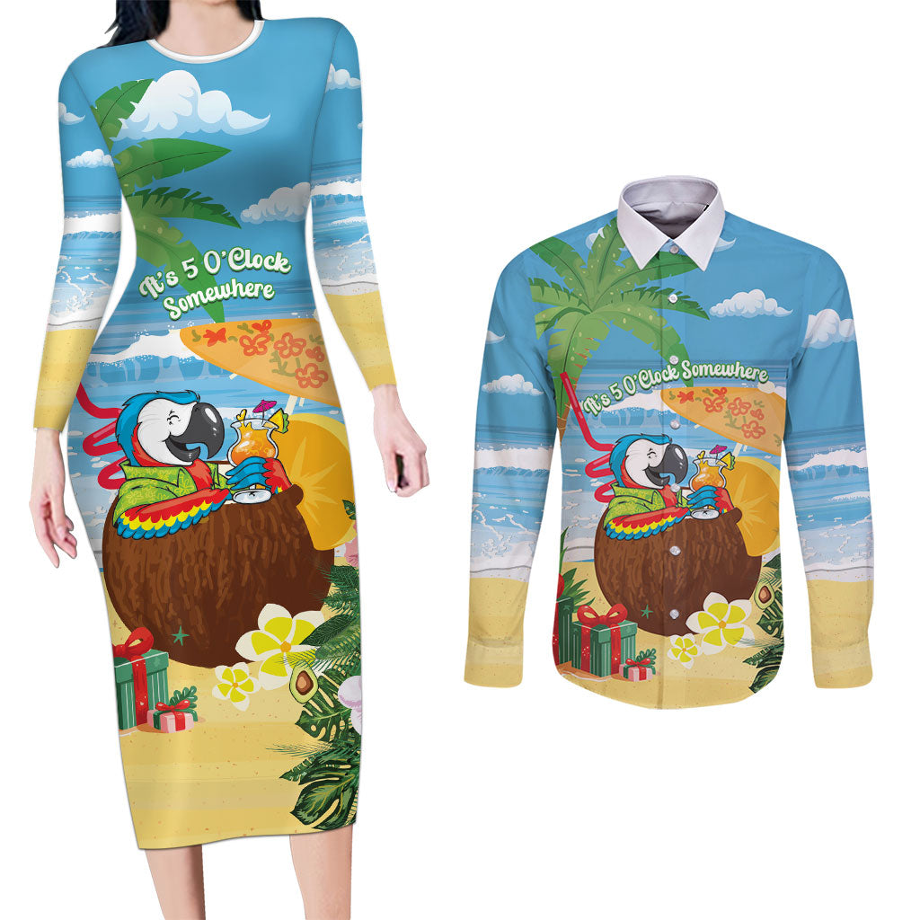 Chilling Parrot Hawaii Summer Christmas Personalized Couples Matching Long Sleeve Bodycon Dress and Long Sleeve Button Shirt It's 5 O'Clock Somewhere Beachy Vibes LT14 Blue - Polynesian Pride