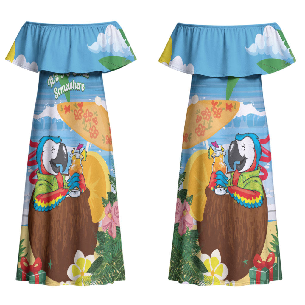 Chilling Parrot Hawaii Summer Christmas Personalized Couples Matching Off Shoulder Maxi Dress and Hawaiian Shirt It's 5 O'Clock Somewhere Beachy Vibes LT14 - Polynesian Pride