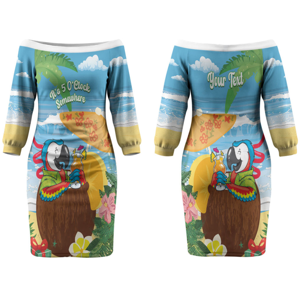 Chilling Parrot Hawaii Summer Christmas Personalized Couples Matching Off The Shoulder Long Sleeve Dress and Hawaiian Shirt It's 5 O'Clock Somewhere Beachy Vibes LT14 - Polynesian Pride