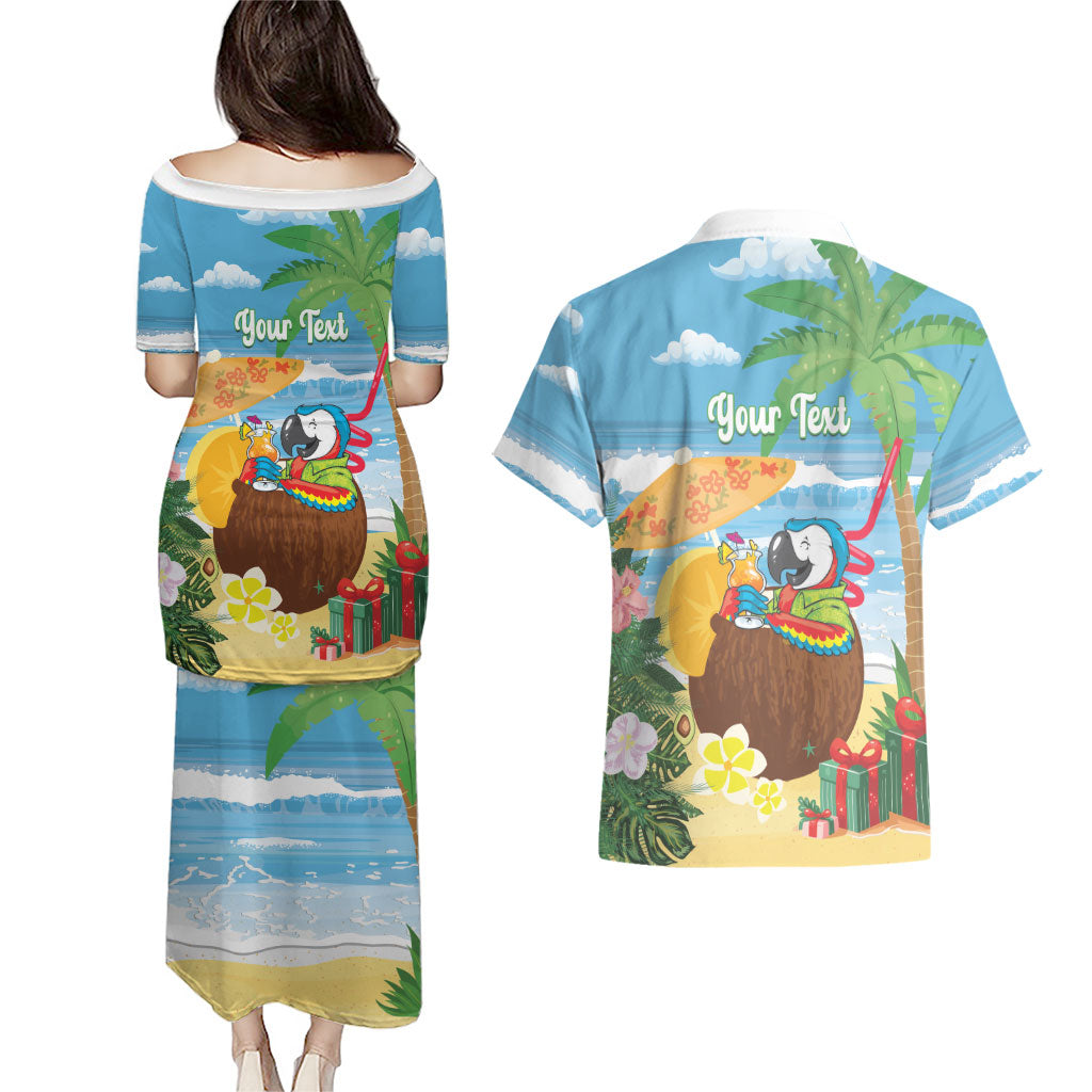 Chilling Parrot Hawaii Summer Christmas Personalized Couples Matching Puletasi and Hawaiian Shirt It's 5 O'Clock Somewhere Beachy Vibes