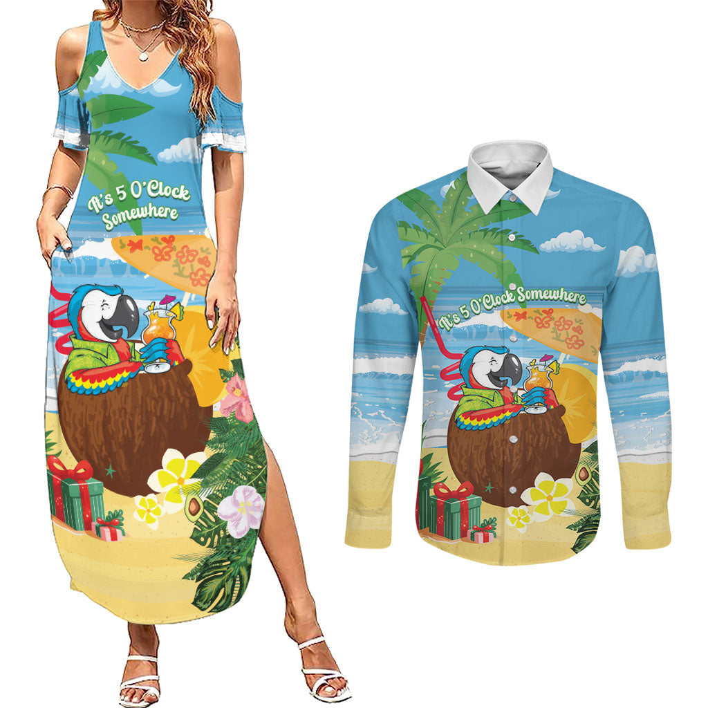Chilling Parrot Hawaii Summer Christmas Personalized Couples Matching Summer Maxi Dress and Long Sleeve Button Shirt It's 5 O'Clock Somewhere Beachy Vibes