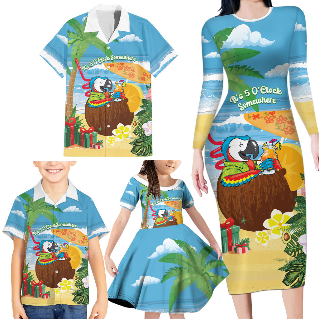 Chilling Parrot Hawaii Summer Christmas Personalized Family Matching Long Sleeve Bodycon Dress and Hawaiian Shirt It's 5 O'Clock Somewhere Beachy Vibes