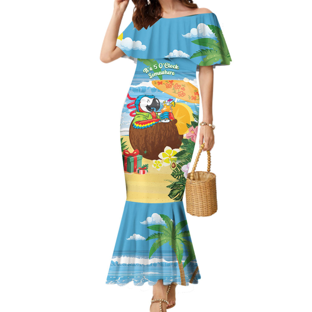 Chilling Parrot Hawaii Summer Christmas Personalized Family Matching Mermaid Dress and Hawaiian Shirt It's 5 O'Clock Somewhere Beachy Vibes