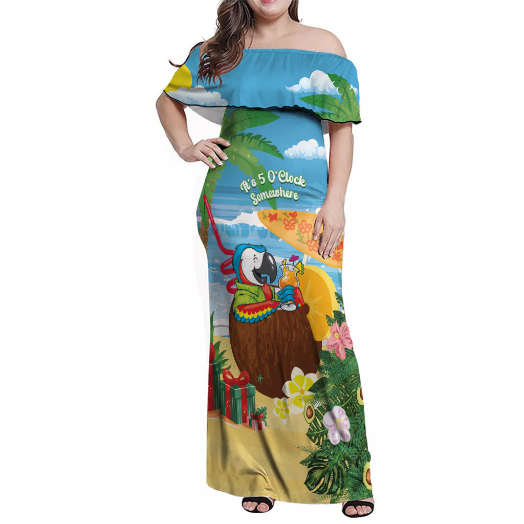 Chilling Parrot Hawaii Summer Christmas Personalized Family Matching Off Shoulder Maxi Dress and Hawaiian Shirt It's 5 O'Clock Somewhere Beachy Vibes