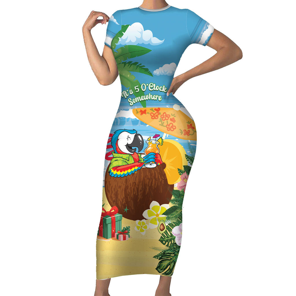 Chilling Parrot Hawaii Summer Christmas Personalized Family Matching Short Sleeve Bodycon Dress and Hawaiian Shirt It's 5 O'Clock Somewhere Beachy Vibes