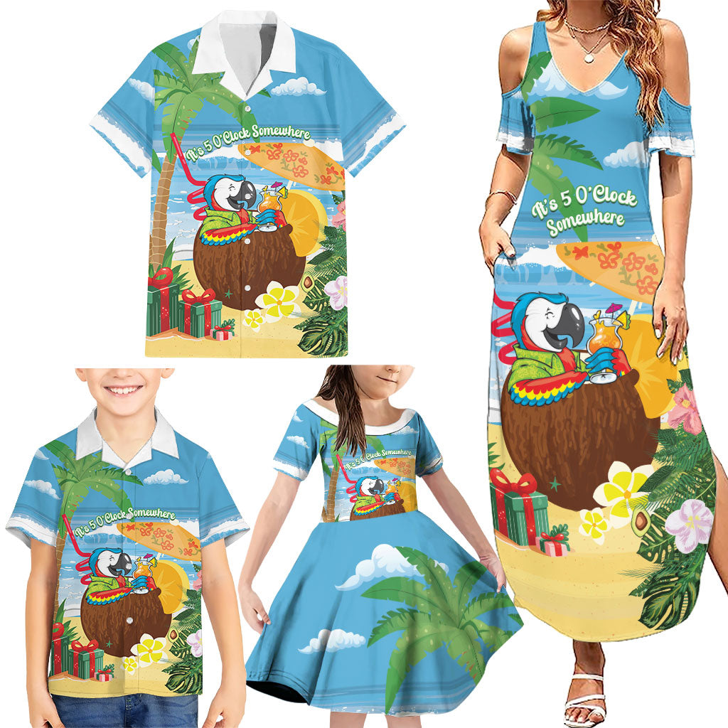 Chilling Parrot Hawaii Summer Christmas Personalized Family Matching Summer Maxi Dress and Hawaiian Shirt It's 5 O'Clock Somewhere Beachy Vibes